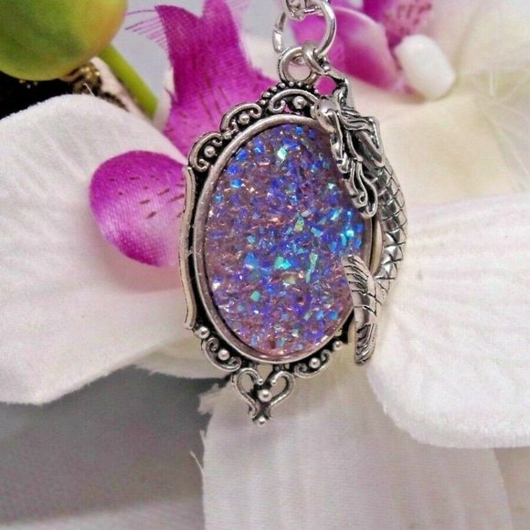 Mermaid Silver Necklace Purple Druzy Cameo Charm - Picture 2 of 7